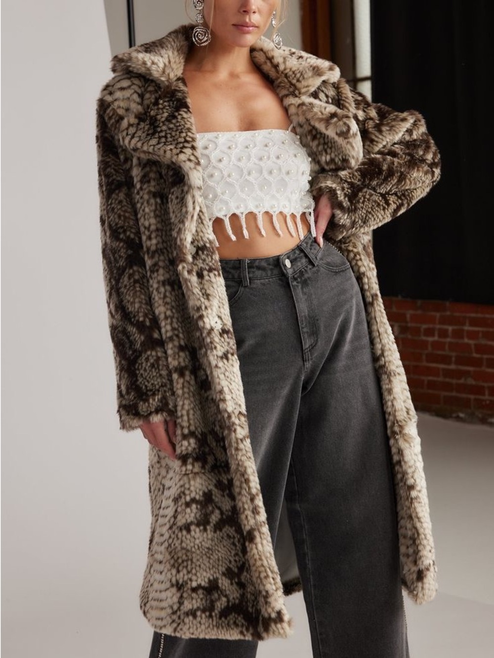 12th Tribe Vivienne Grey Snake Faux Fur Jacket Size